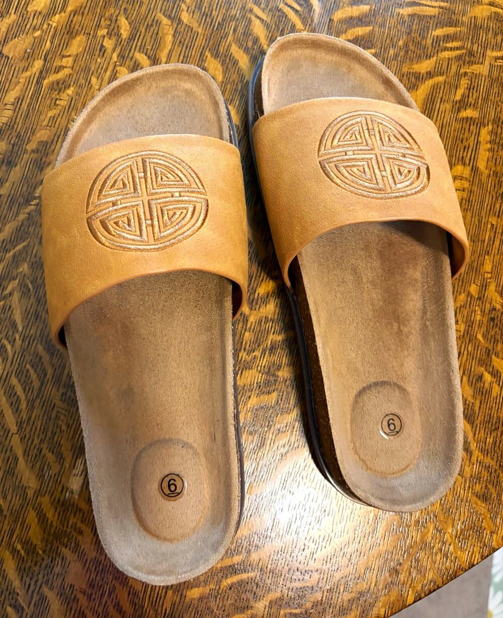 Women’s Brown Leather Slide Sandals Cork Footbed Suede Lined Slip-On US 6